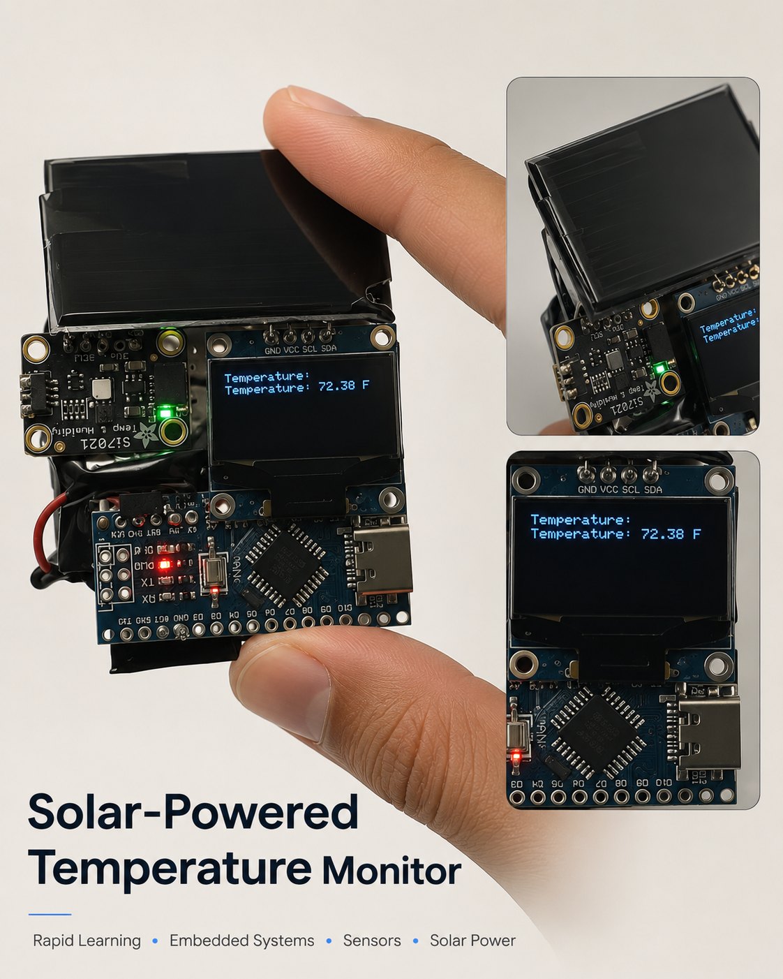 Solar-powered temperature monitor — embedded build with OLED display and Si7021 sensor