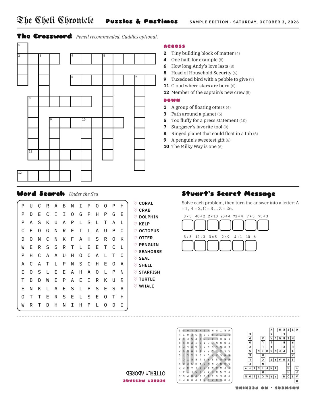 Back page of The Cheli Chronicle: a crossword, a word search, a secret math code, and upside-down answers