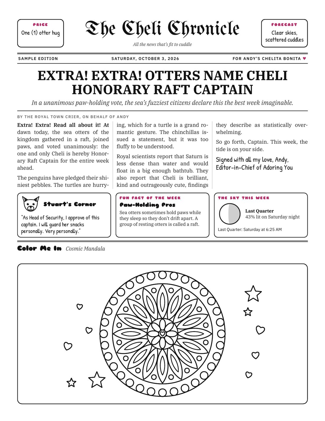 Front page of The Cheli Chronicle: a blackletter nameplate, a headline about otters naming Cheli honorary raft captain, Stuart's Corner, a fun fact, the moon phase, and a mandala to color