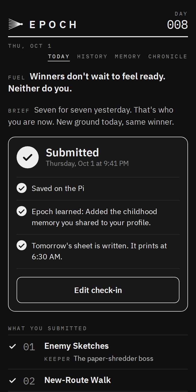 The Epoch check-in page on a phone, showing a Submitted receipt with three completed progress steps