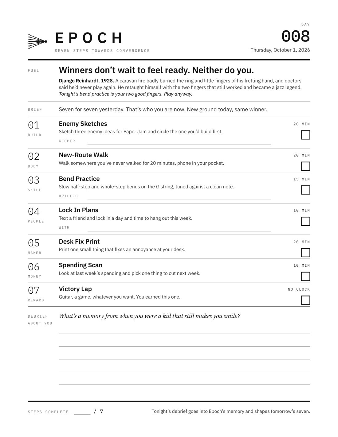 An Epoch daily sheet: a mantra and true story at the top, a brief, seven numbered steps with checkboxes, and a debrief question