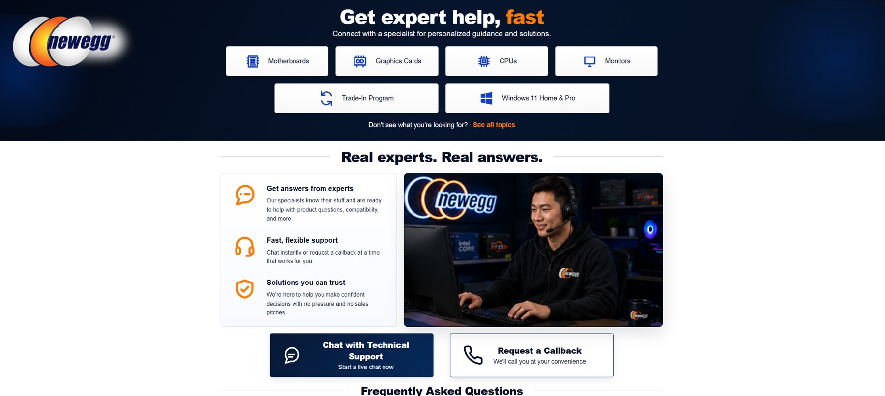 Newegg PC Support hub landing page concept with entry points for chat, callback, and topic guides
