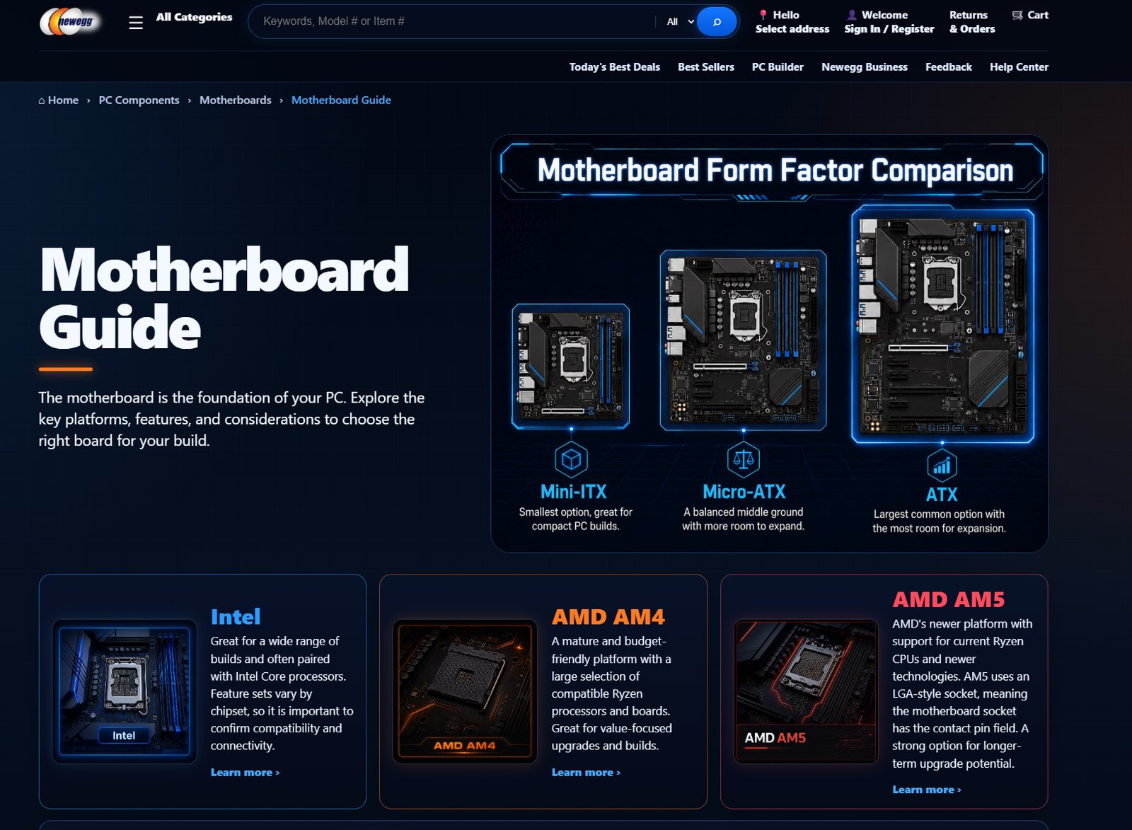 Motherboard Guide educational page concept explaining form factors and platforms